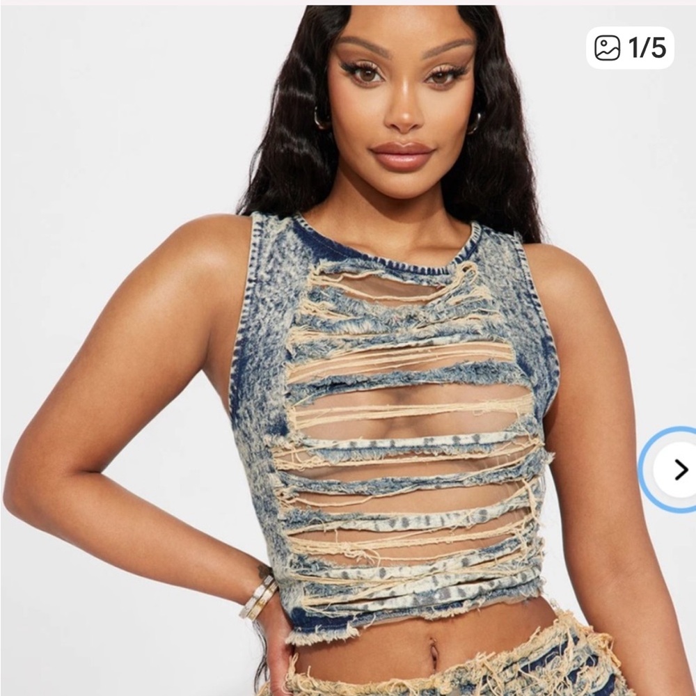 Fashion Nova Acid Wash Denim Crop Top - Blue and Cream Wash